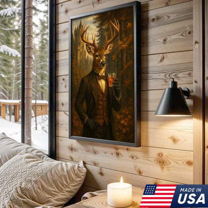 Gentleman Deer Whiskey Canvas Wall Art – Rustic Hunting Lodge & Man Cave Decor