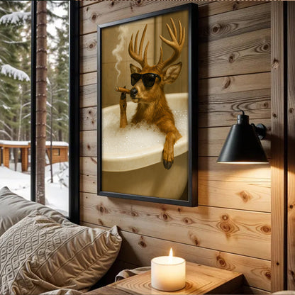 Funny Deer in Bathtub Canvas – Retro Animal Art Print with SunGlasses and Smoking for Wall Decor