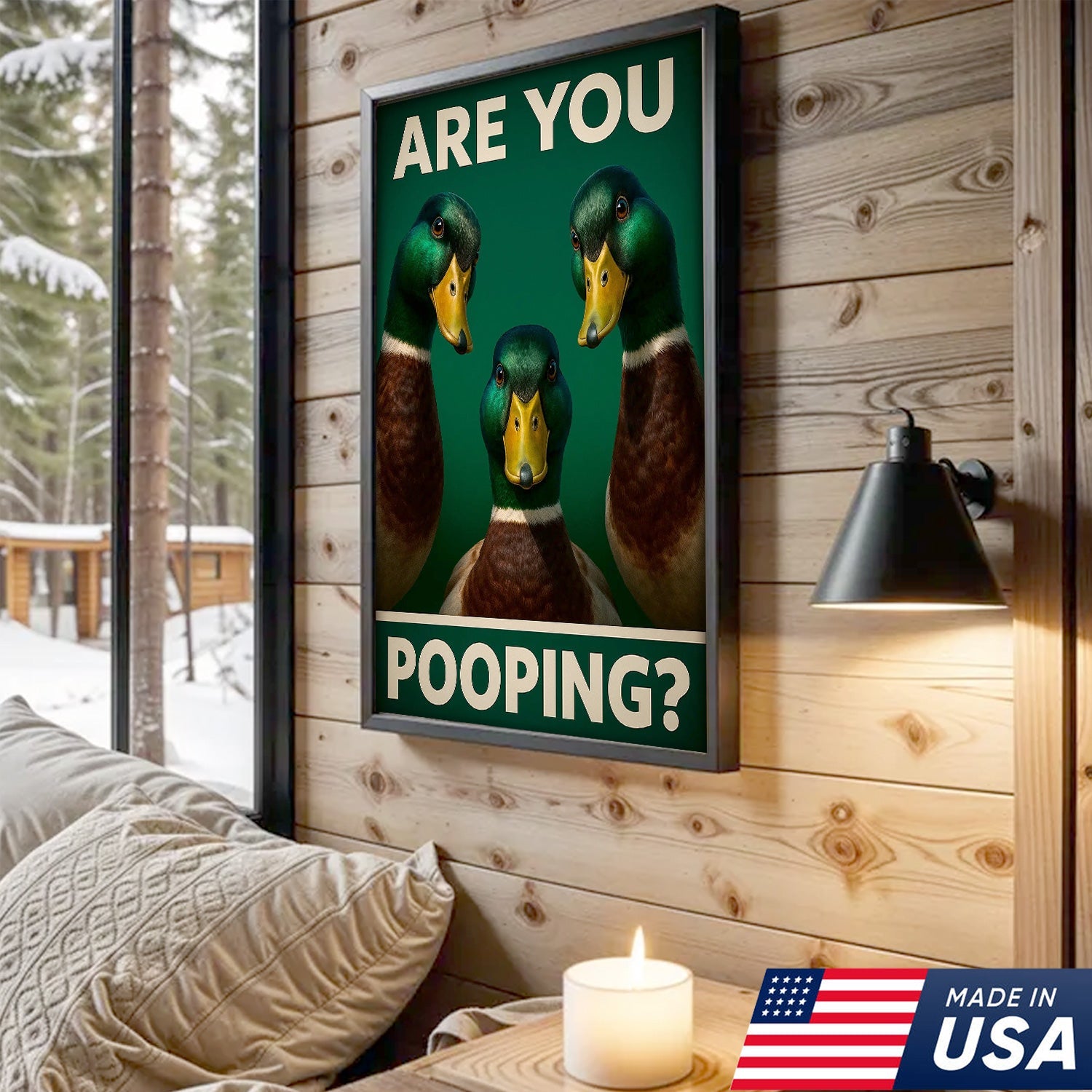 Funny Duck Bathroom Canvas Wall Art – Mallard Humor Decor – Rustic Lodge or Cabin Gift