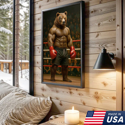 Boxing Bear Canvas Wall Art, Muscular Fighter in Red Gloves, Gym & Man Cave Decor