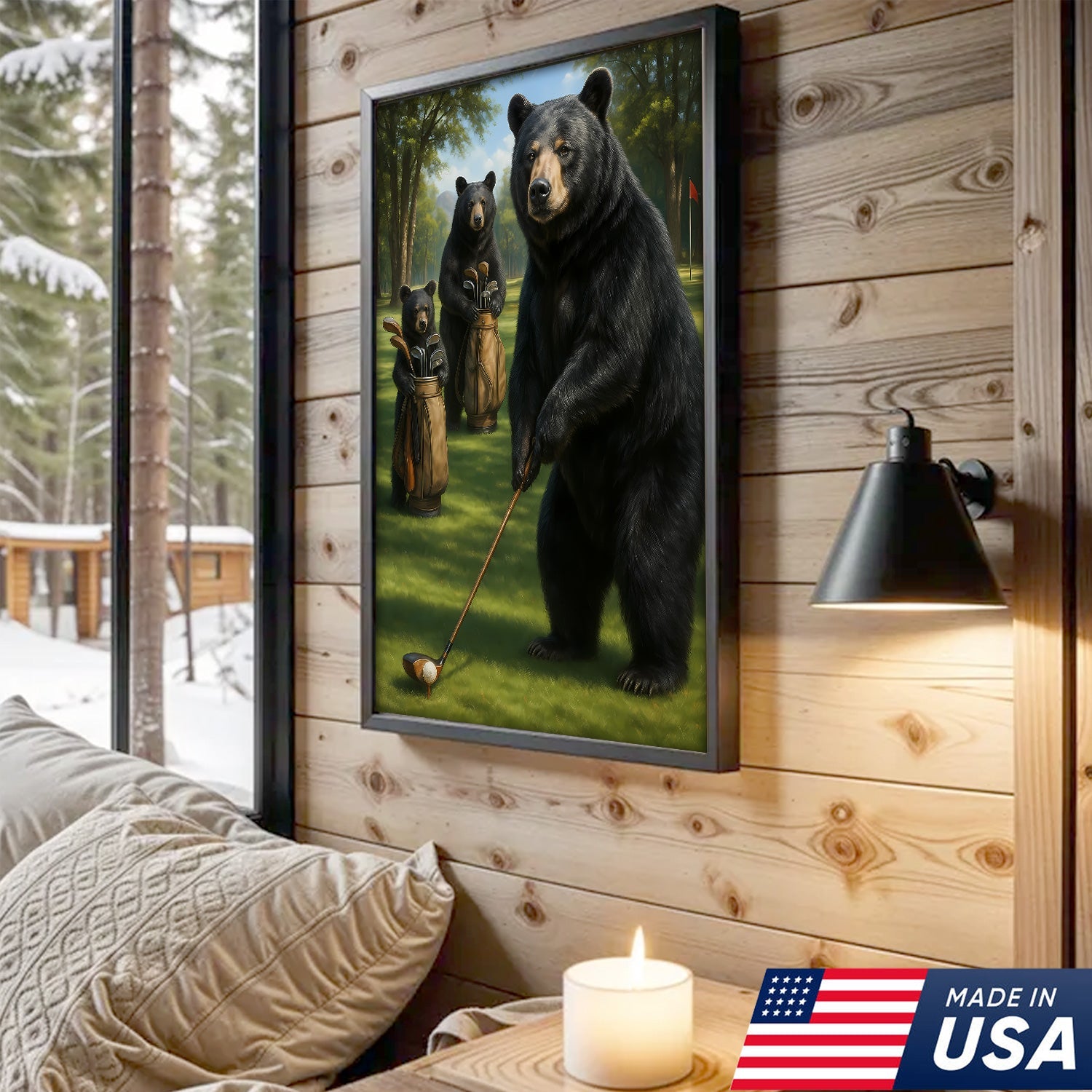 Funny Bear Golf Canvas – Rustic Cabin Wall Art Gift for Hunters, Golf Lovers & Man Caves