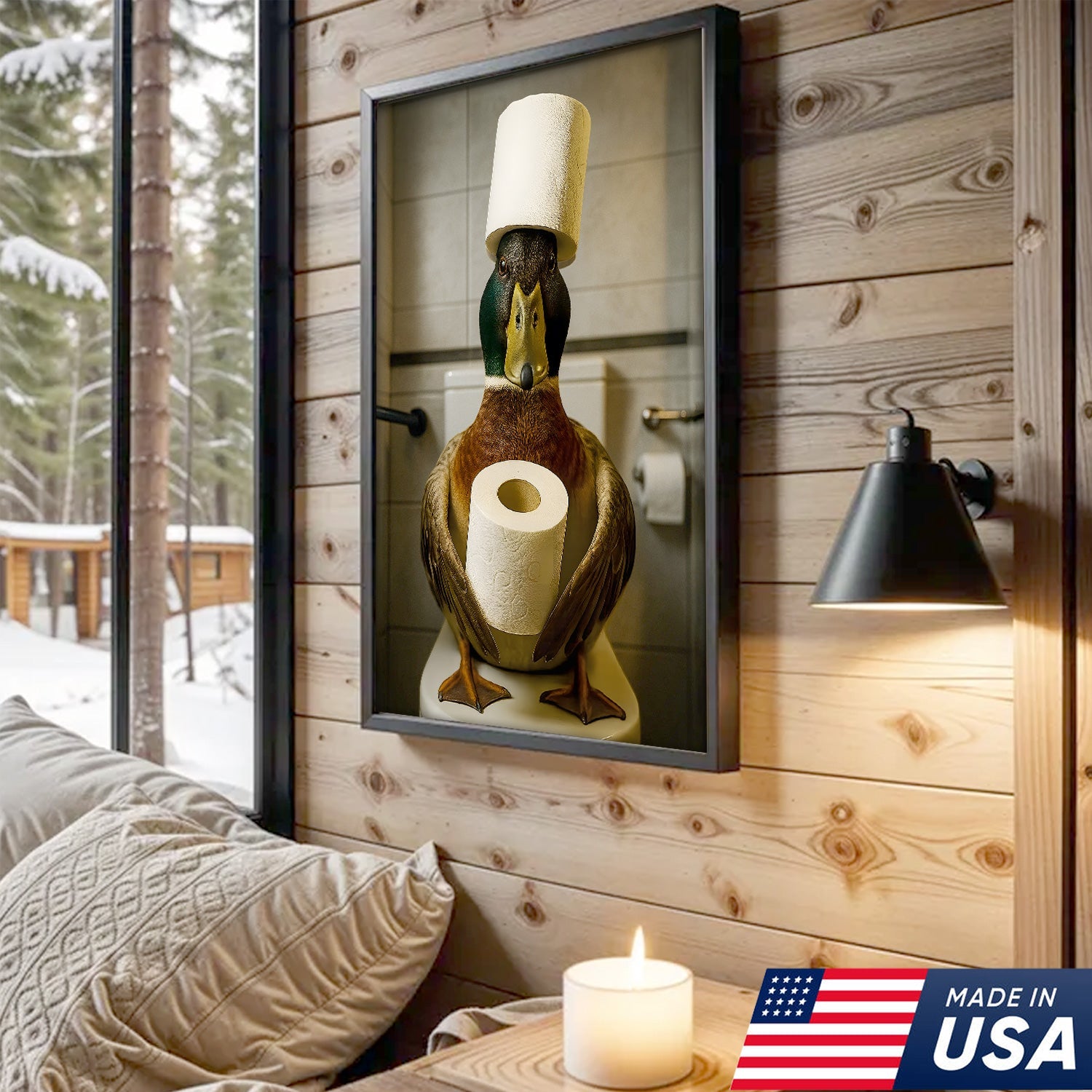 Funny Duck Bathroom Canvas Wall Art – Rustic Toilet Canvas for Cabin, Lodge & Man Cave Decor