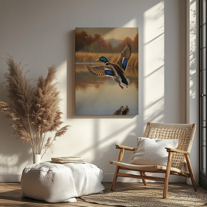 Duck Hunting Wall Art Canvas – Mallard Duck in Flight Over Lake, Perfect Hunting Cabin Decor for Men