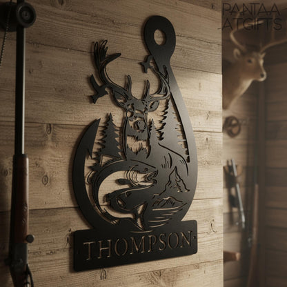 Personalized Deer & Fish Metal Sign, Family Name Outdoor Decor