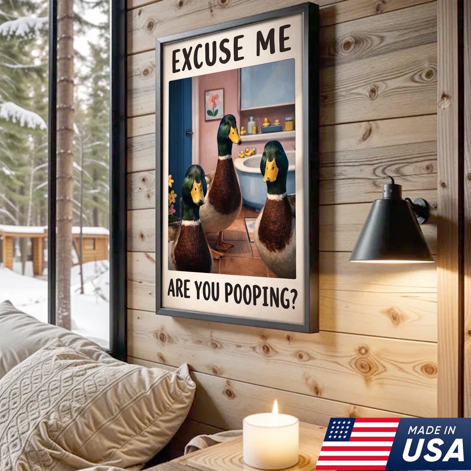Funny Duck Bathroom Canvas Wall Art, Excuse Me Are You Pooping Quote Print