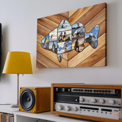 Custom Fishing Photo Collage Canvas, Fish Shape Personalized Wall Art