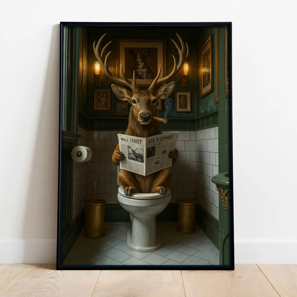 Funny Deer on Toilet Canvas Art – Stylish Animal Wall Art with Smoking and Wall Street Newspaper
