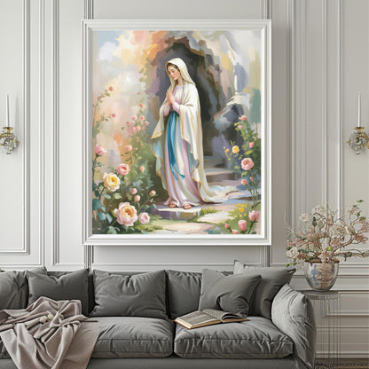 Virgin Mary Art Print: Serene Floral Catholic Home Decor Wall Art