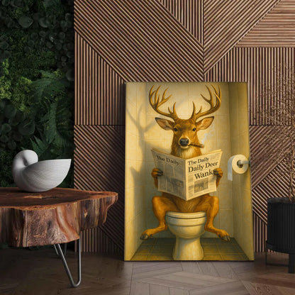 Funny Deer on Toilet Canvas – Quirky Animal Art Print with Smoking and Newspaper for Unique Wall Decor