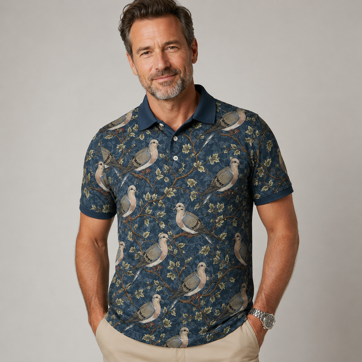 Mourning Dove Toile  Navy Botanical Bird Polo Shirt VCP1026