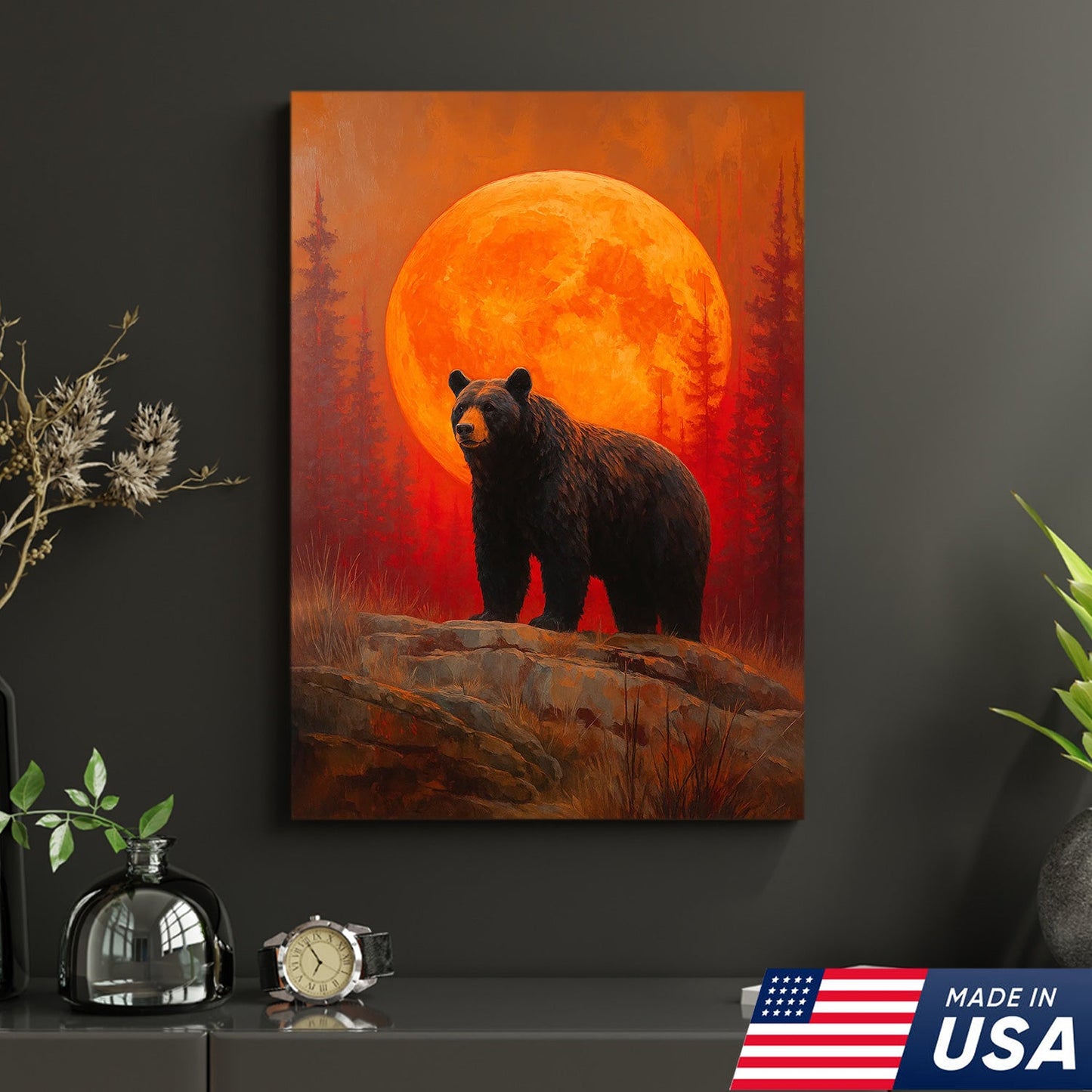 Bear Canvas Wall Art – Majestic Black Bear with Fiery Orange Full Moon