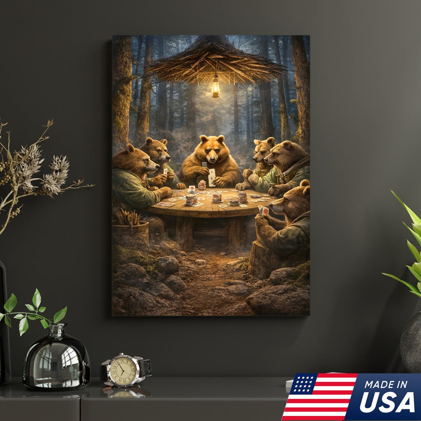 Funny Bear Poker Night Wall Art Canvas – Rustic Forest Animal Card Game Canvas Decor