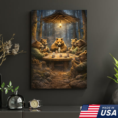 Funny Bear Poker Night Wall Art Canvas – Rustic Forest Animal Card Game Canvas Decor