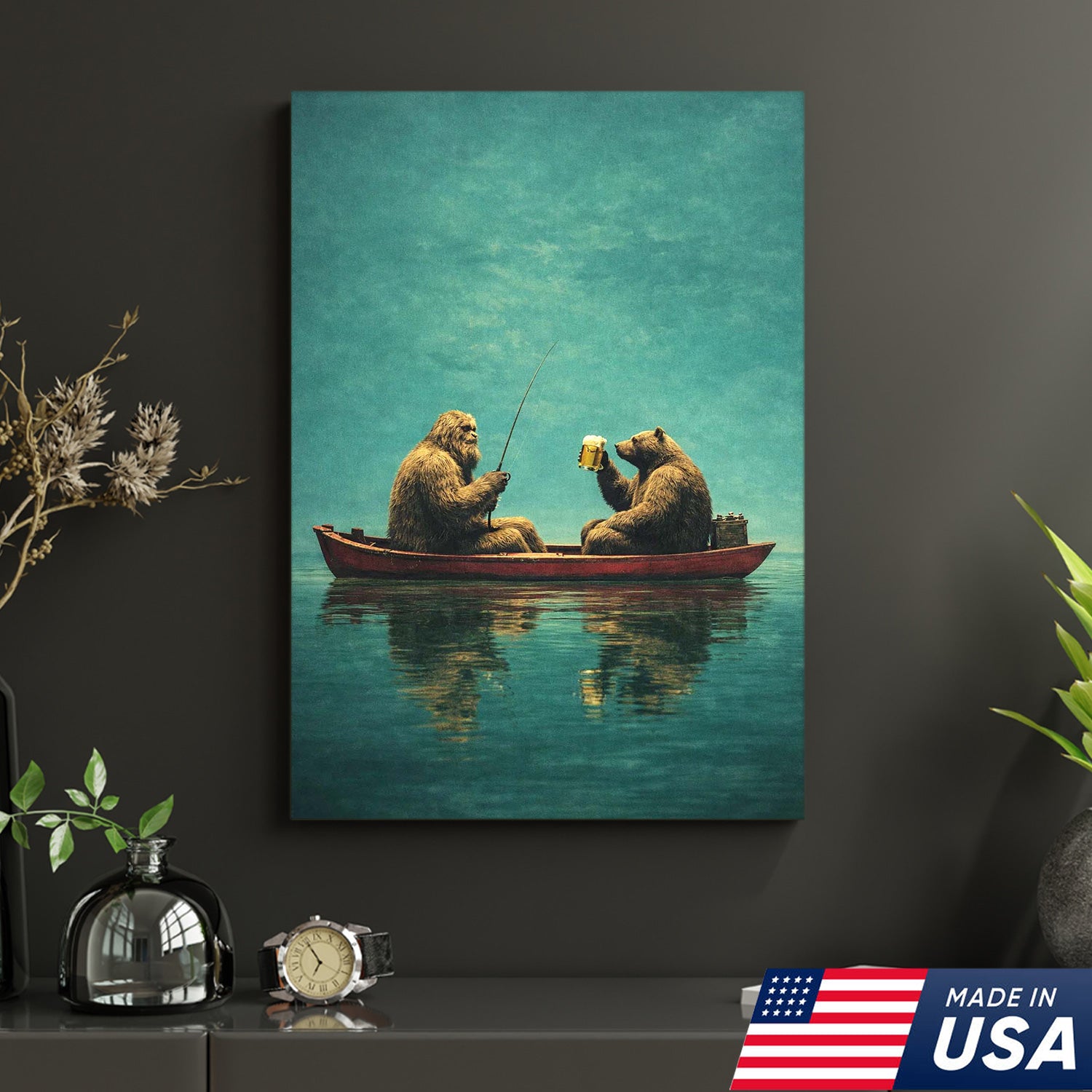 Whimsical Bear Fishing Canvas Wall Art, Surreal Animal Friendship Painting