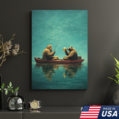 Whimsical Bear Fishing Canvas Wall Art, Surreal Animal Friendship Painting