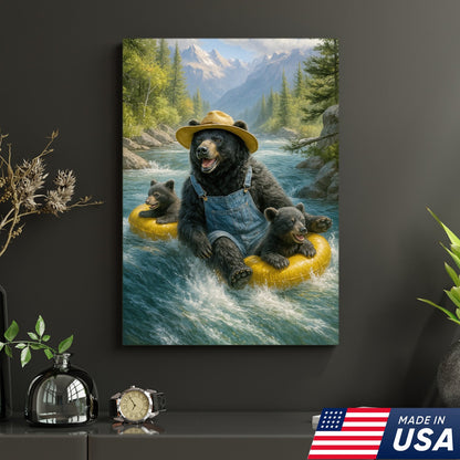 Bear River Adventure Canvas Wall Art – Cute Bear Family Wall Decor for Cabin & Nature Lovers