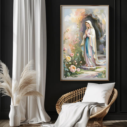 Virgin Mary Art Print: Serene Floral Catholic Home Decor Wall Art