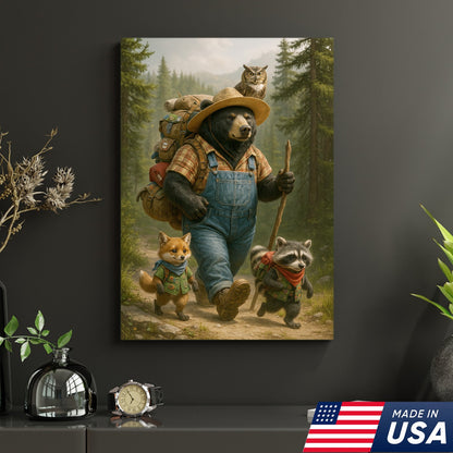 Bear Hiking Adventure Canvas Art – Cute Woodland Animal Wall Decor for Cabin & Home