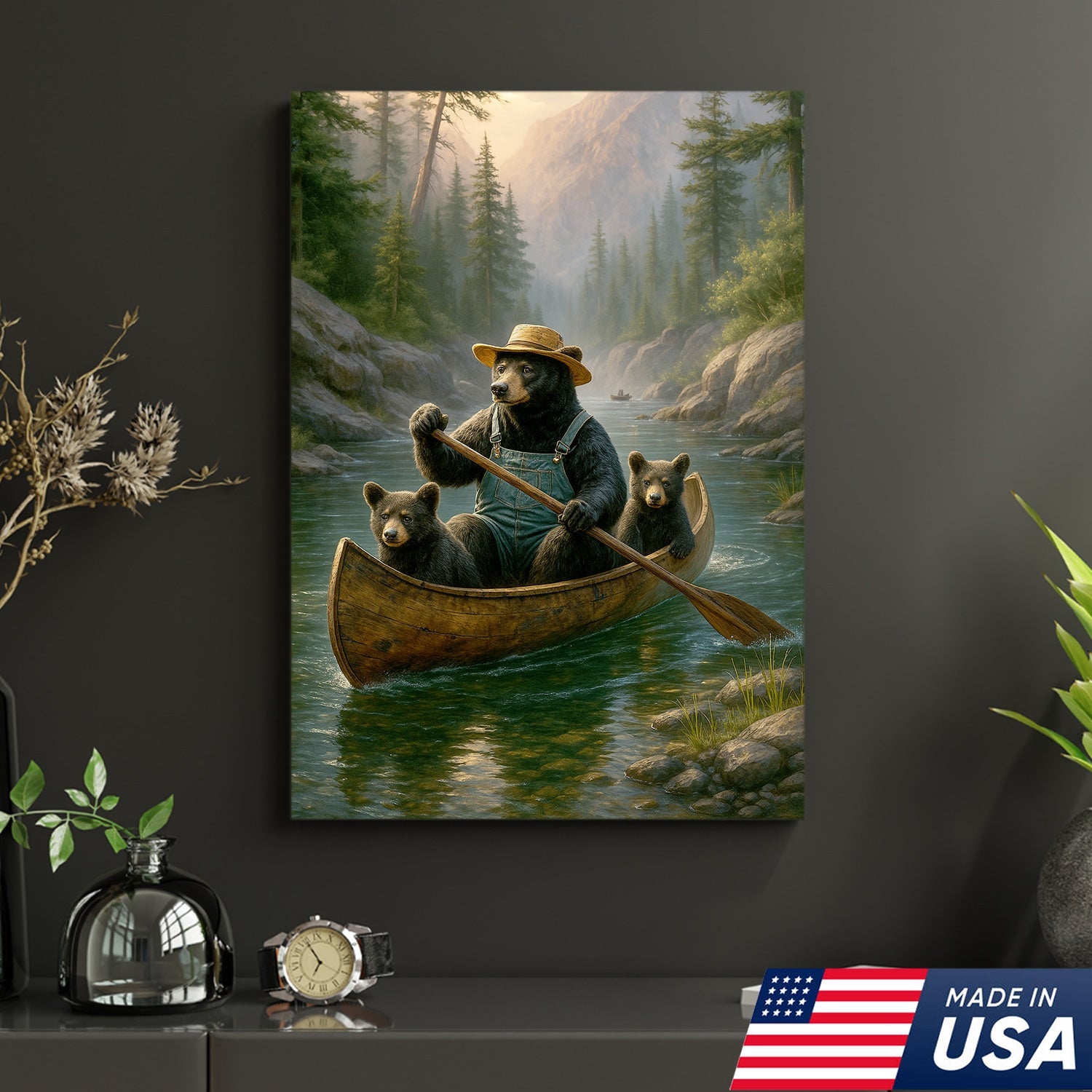 Bear Family Canoe Adventure Canvas Wall Art – Rustic Wildlife Wall Decor for Cabin & Home