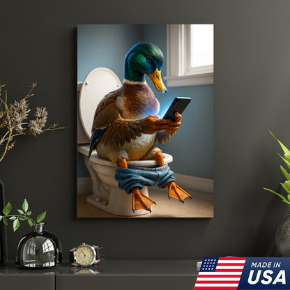 Funny Duck on Toilet Canvas Wall Art – Hilarious Gift for Men, Husband or Bathroom Decor