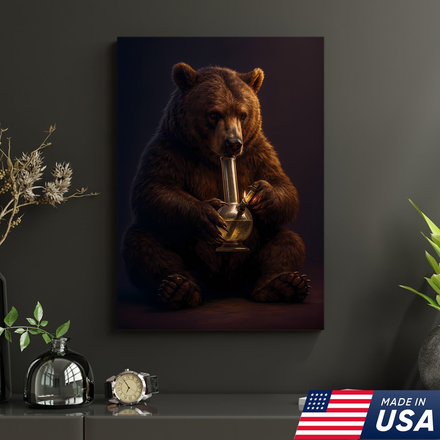 Rustic Bear Smoking Canvas Wall Art – Funny Cabin Decor for Hunters & Outdoor Lovers