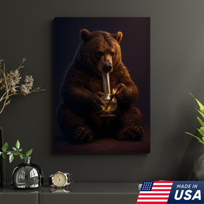 Rustic Bear Smoking Canvas Wall Art – Funny Cabin Decor for Hunters & Outdoor Lovers