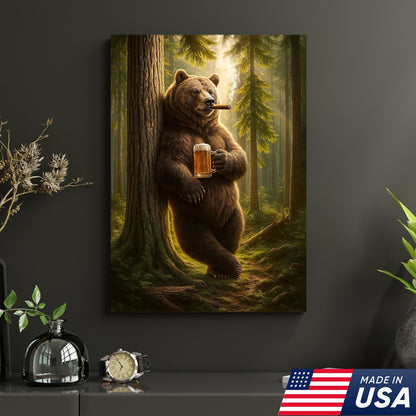 Rustic Bear in Forest Canvas Wall Art, Woodland Animal Decor, Nature Landscape Home Decoration