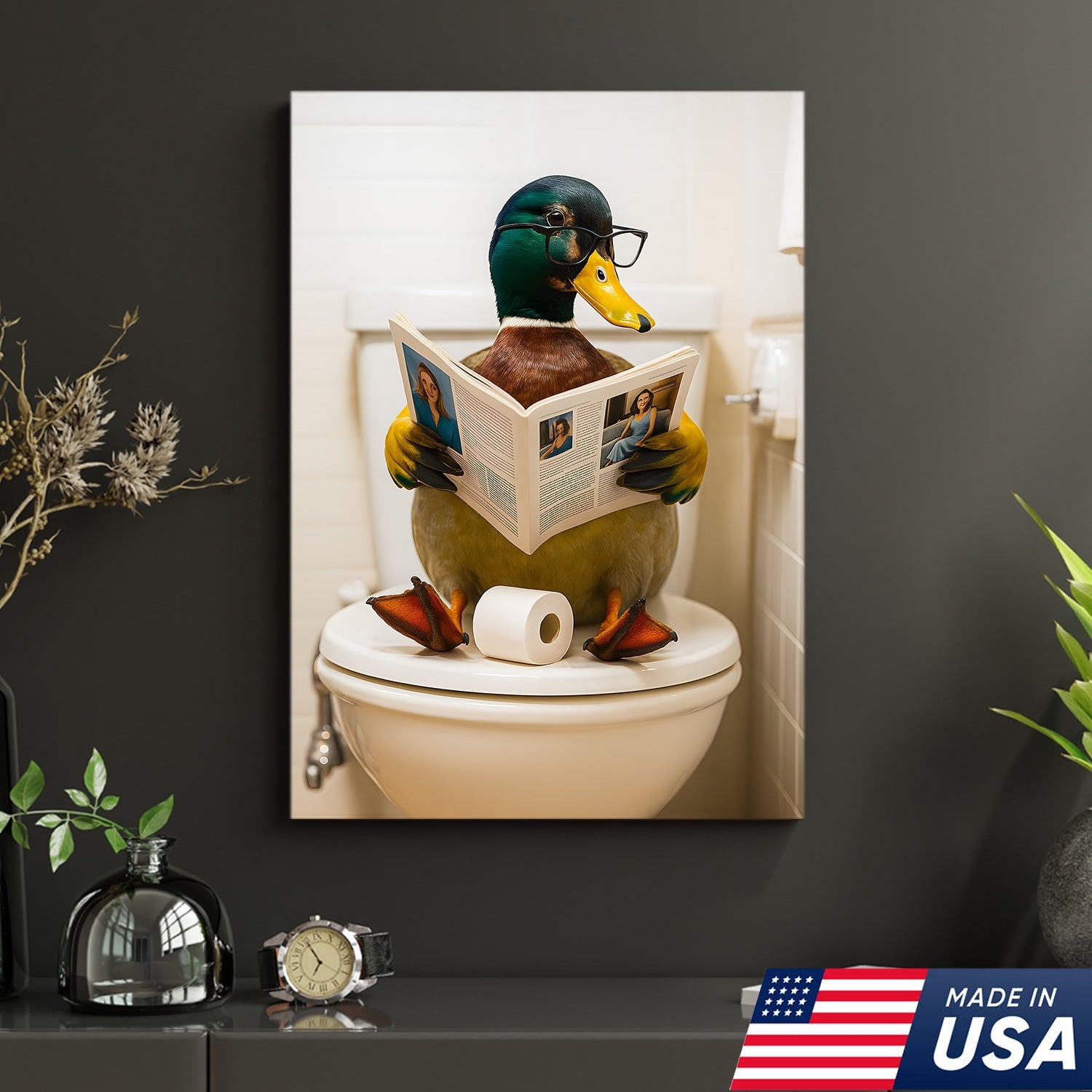 Funny Duck Bathroom Canvas Wall Art – Unique Gift for Hunters, Wildlife Lovers & Cabin Decor