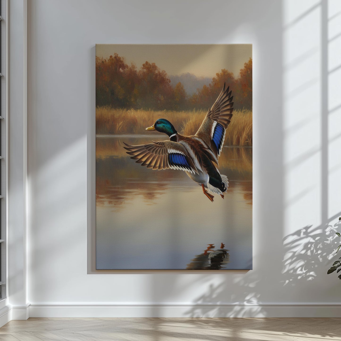 Duck Hunting Wall Art Canvas – Mallard Duck in Flight Over Lake, Perfect Hunting Cabin Decor for Men