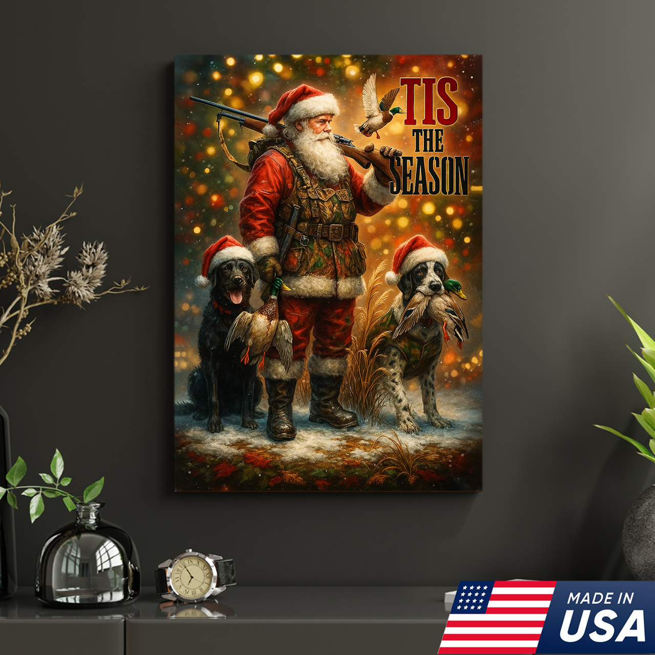 Rustic Christmas Hunting Canvas Art - Santa with Hunting Dogs and Ducks Holiday Wall Decor