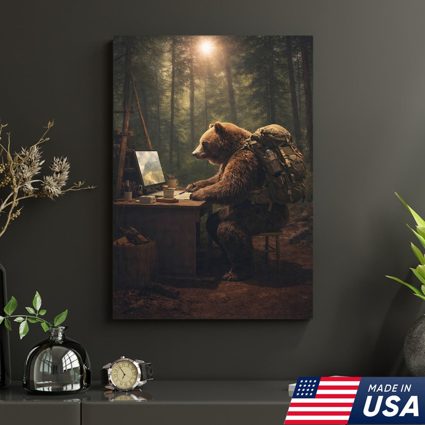 Bear Remote Work Canvas Wall Art, Whimsical Forest Office Animal Illustration