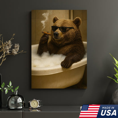 Cool Bear Canvas Wall Art – Funny Relaxing Bathtub Gift for Hunters & Outdoorsmen