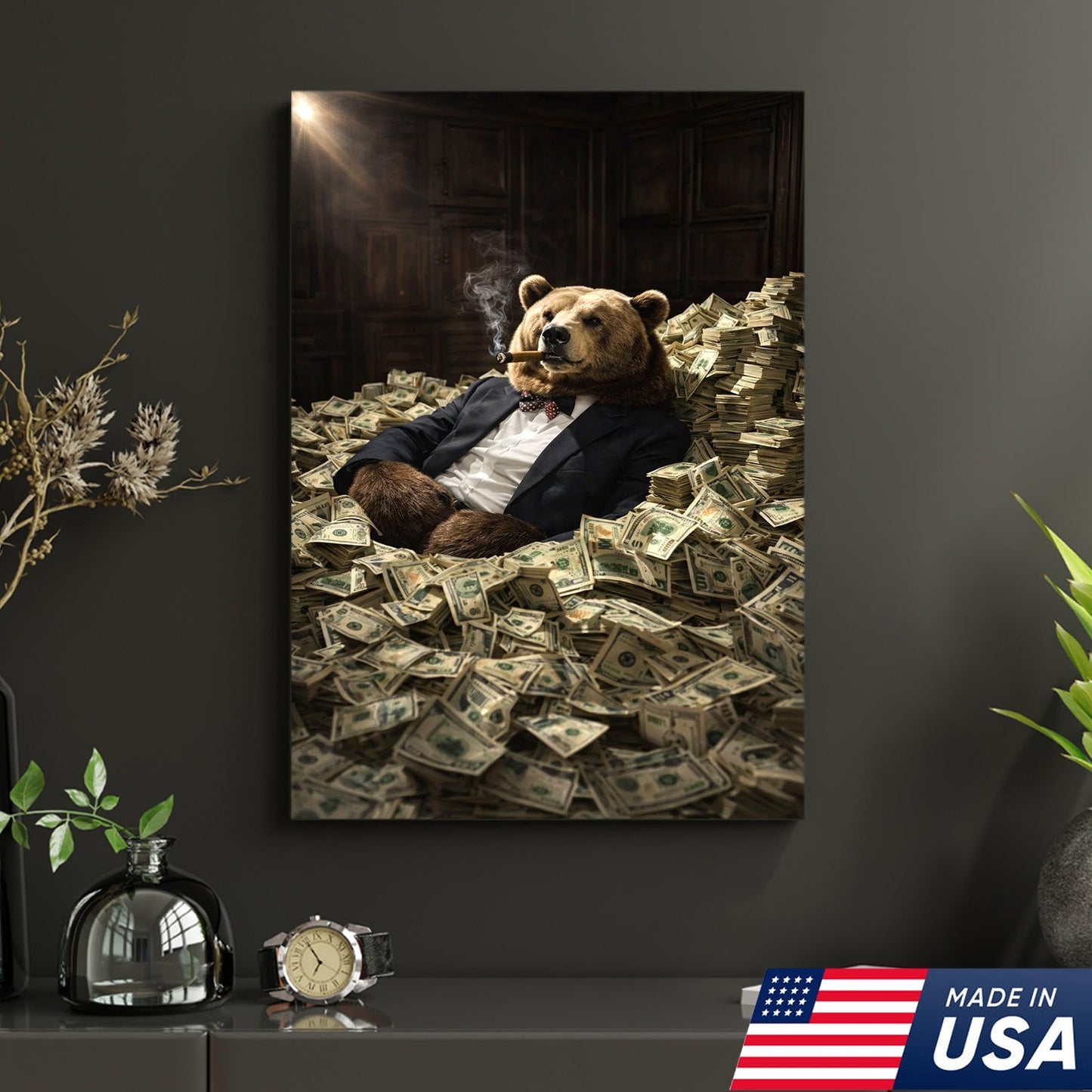 Luxury Bear Wall Art Canvas Print, Powerful Wealth Animal Portrait Illustration