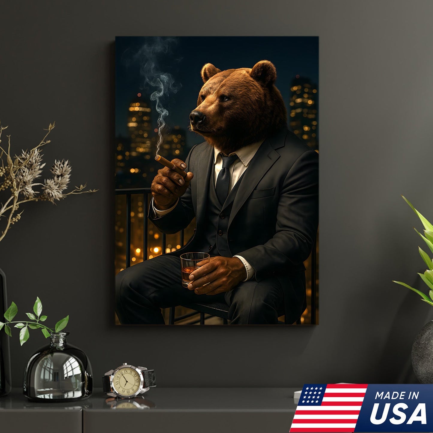Boss Bear Wall Art – Suited Animal Smoking Canvas, Whiskey Lounge Decor, Alpha Man Gift