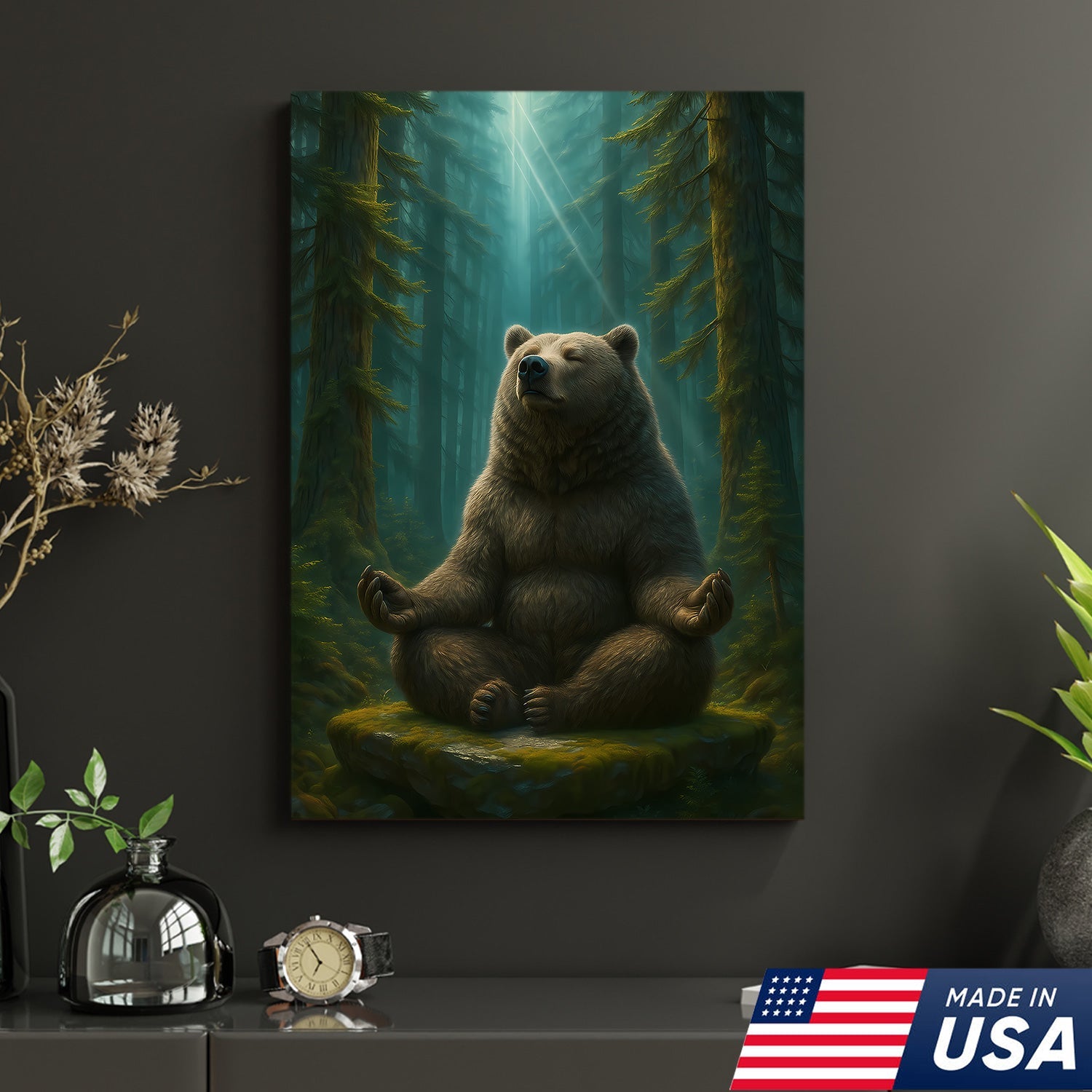 Zen Bear Wall Art – Meditating Bear Canvas for Cabin, Nature Lovers & Rustic Home Decor