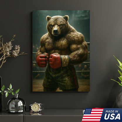 Boxer Bear Canvas Wall Art, Fierce Animal Fighter Artwork, Powerful Strength Decor for Men