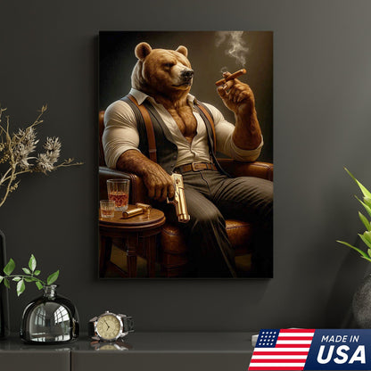 Boss Bear Canvas Wall Art, Stylish Anthropomorphic Animal Portrait, Masculine Power Lounge Decor