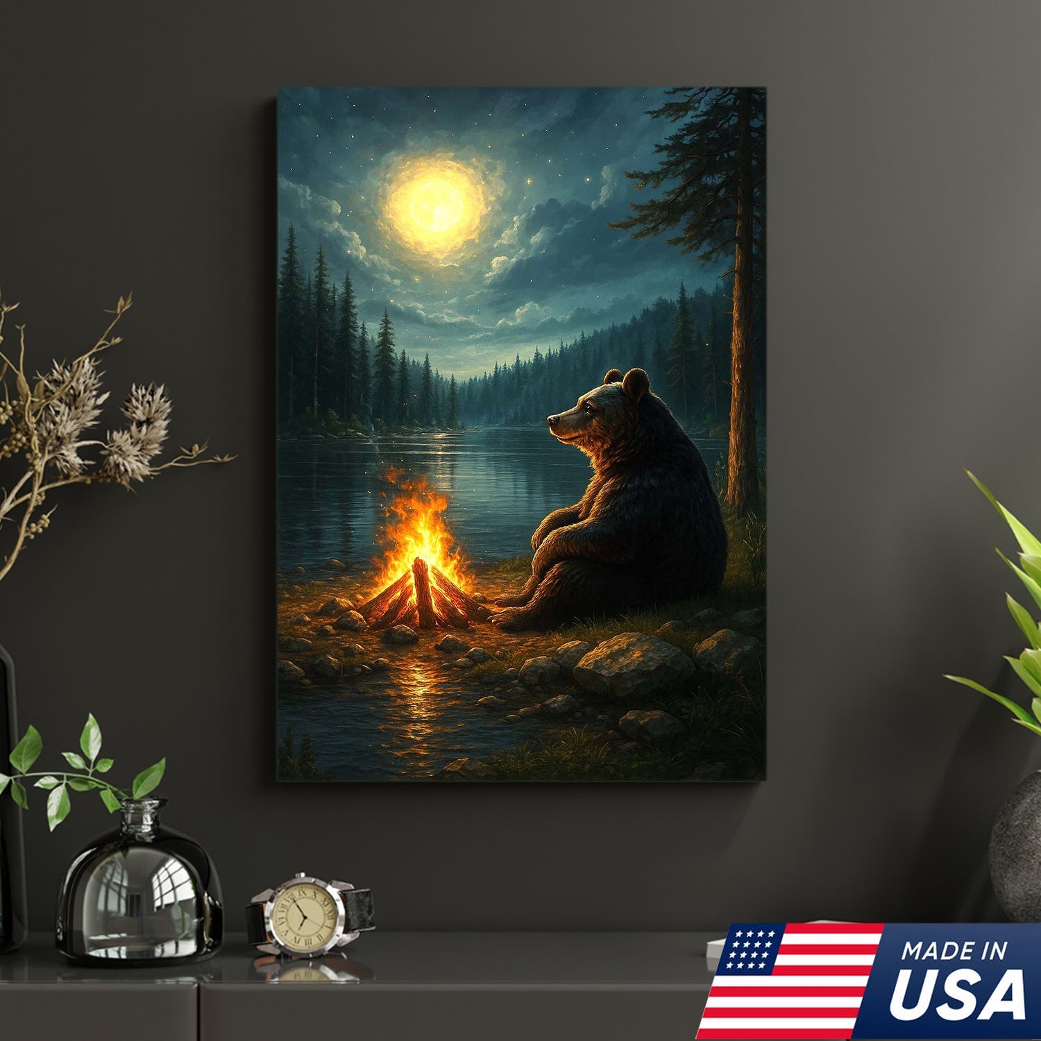 Bear Campfire Night Wall Art Canvas, Cozy Camping Bear by Lake