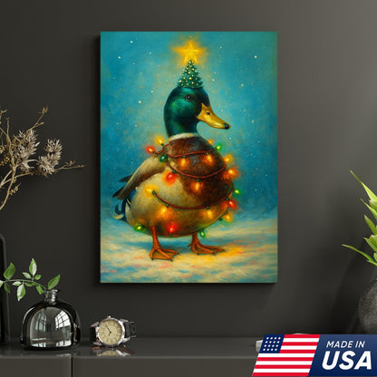 Funny Mallard Duck Christmas Canvas Wall Art – Festive Holiday Decor – Rustic Lodge Gift Idea