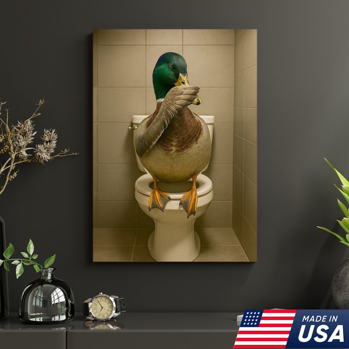 Funny Duck Bathroom Wall Art – Hilarious Rustic Toilet Canvas for Cabin, Lodge & Man Cave Decor