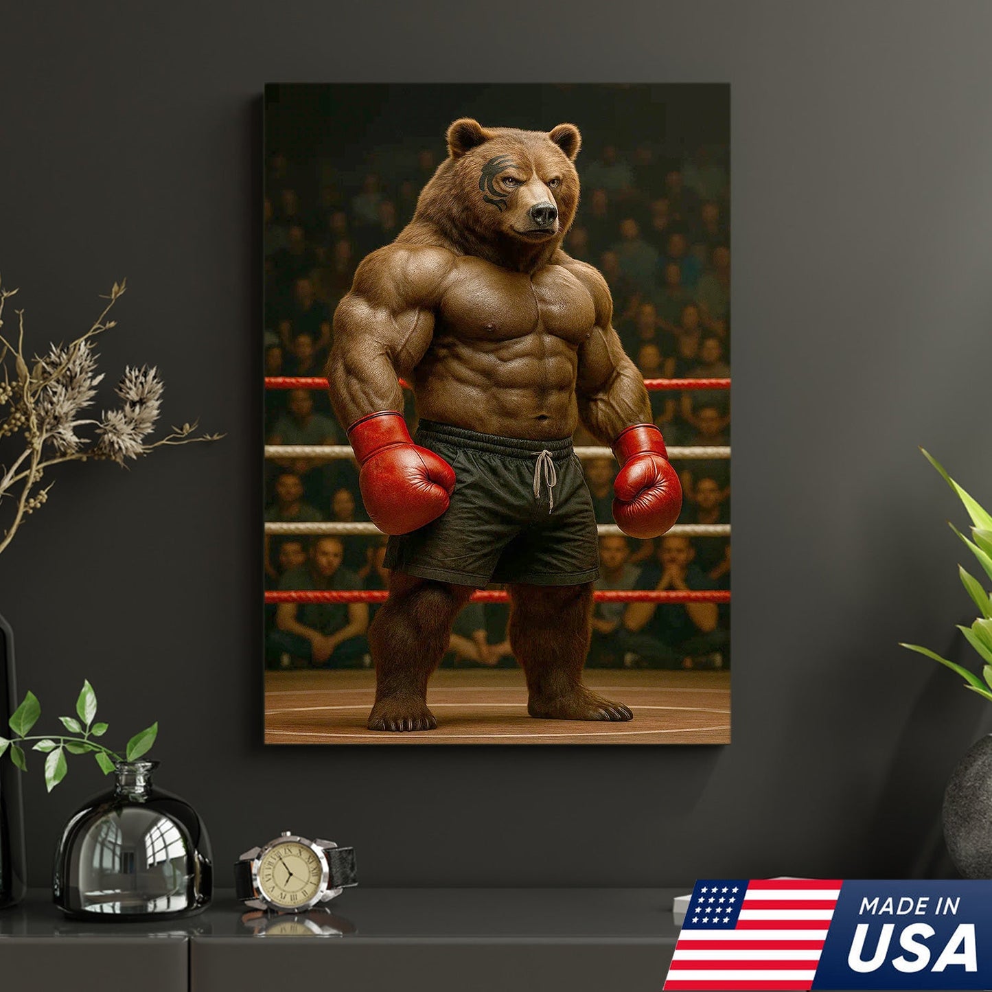 Boxing Bear Canvas Wall Art, Muscular Fighter in Red Gloves, Gym & Man Cave Decor