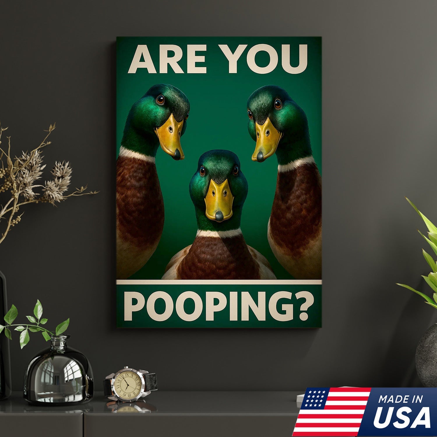 Funny Duck Bathroom Canvas Wall Art – Mallard Humor Decor – Rustic Lodge or Cabin Gift
