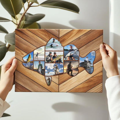 Custom Fishing Photo Collage Canvas, Fish Shape Personalized Wall Art