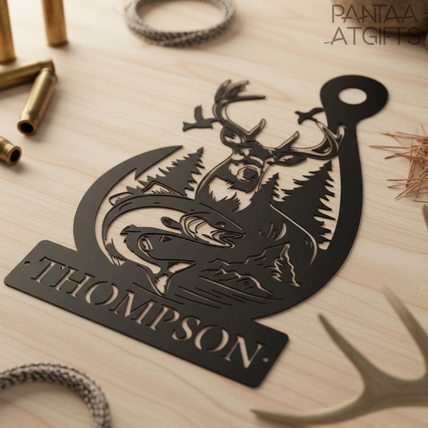 Personalized Deer & Fish Metal Sign, Family Name Outdoor Decor