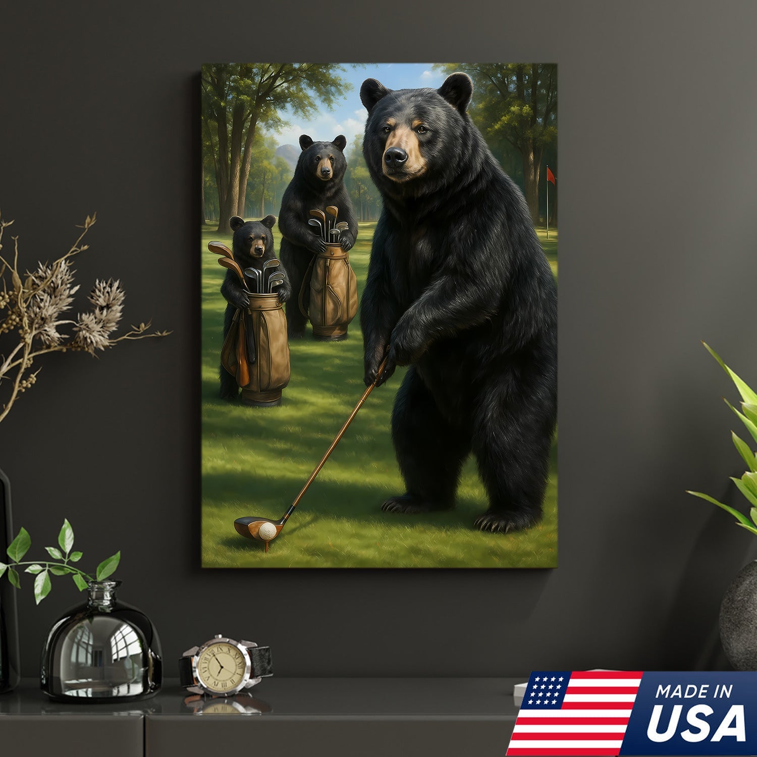 Funny Bear Golf Canvas – Rustic Cabin Wall Art Gift for Hunters, Golf Lovers & Man Caves