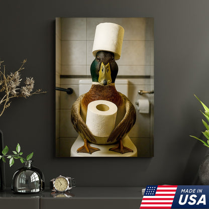 Funny Duck Bathroom Canvas Wall Art – Rustic Toilet Canvas for Cabin, Lodge & Man Cave Decor