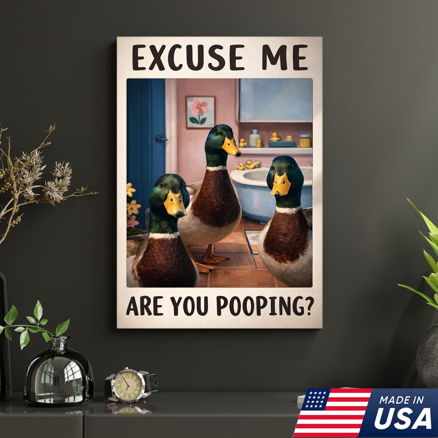 Funny Duck Bathroom Canvas Wall Art, Excuse Me Are You Pooping Quote Print