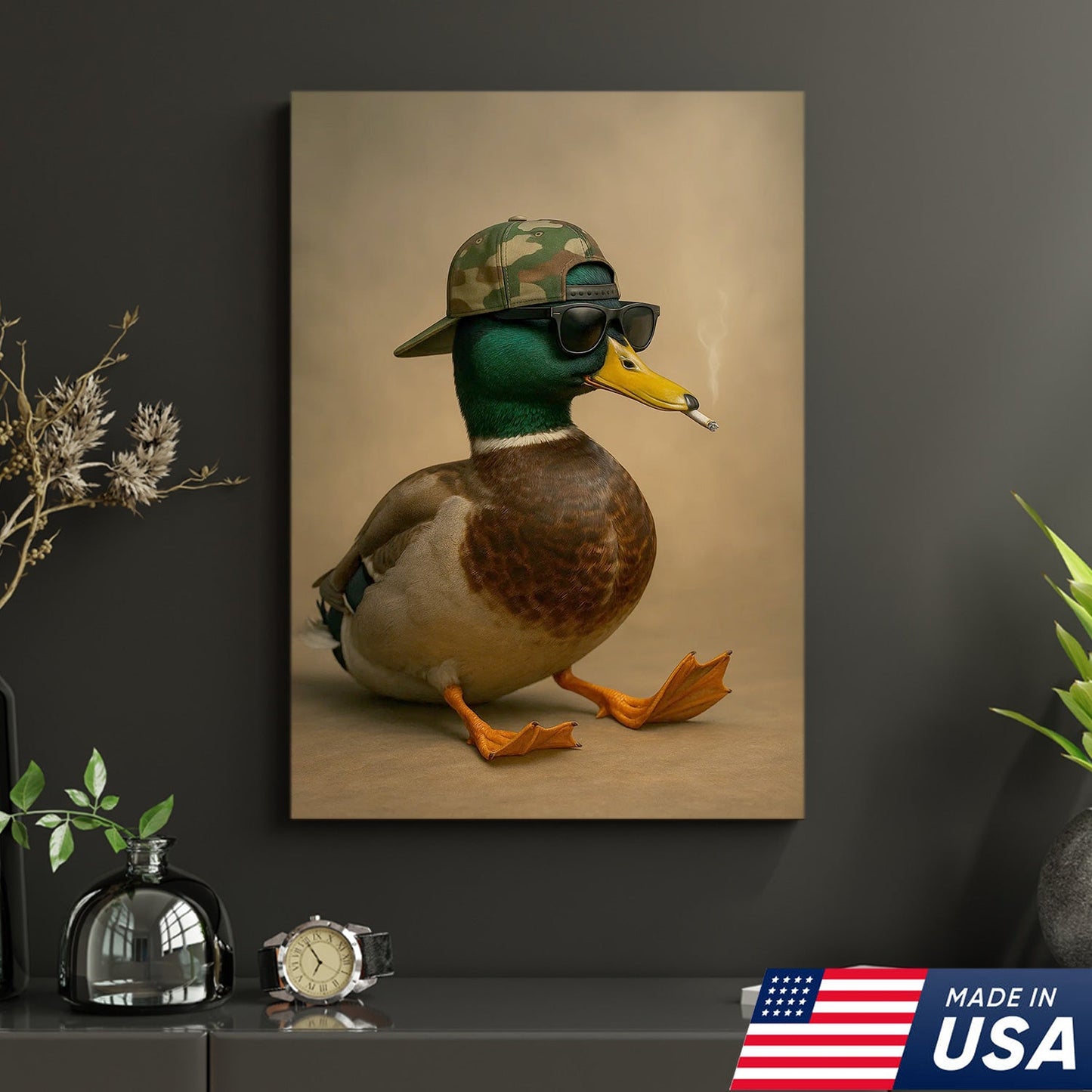 Cool Mallard Duck with Camo Hat Wall Art – Funny Hunting Canvas Print