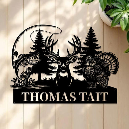 Personalized Hunting Name Metal Sign, Custom Deer Turkey & Bass Fishing Wall Art