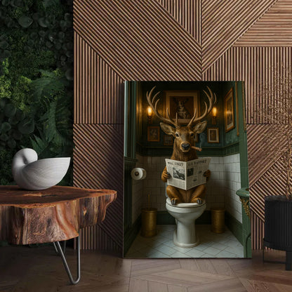 Funny Deer on Toilet Canvas Art – Stylish Animal Wall Art with Smoking and Wall Street Newspaper